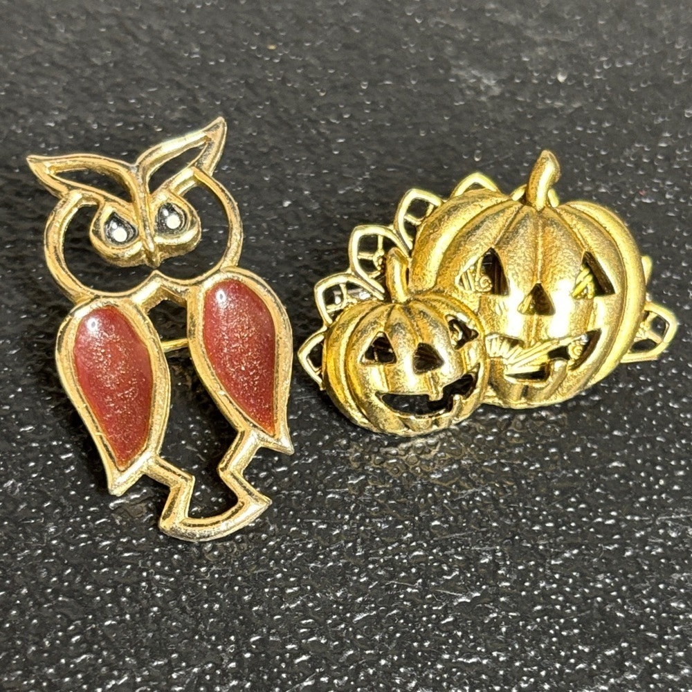Halloween Owl and Pumpkin Brooch Set